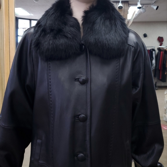 Black Full Length Lamb Leather Coat with Fox Fur - Picture 2 of 7
